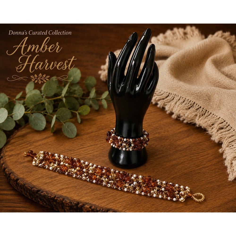 Amber Harvest Wide Beaded Bracelet Brown Gold Cream Multi Strand Statement Cuff